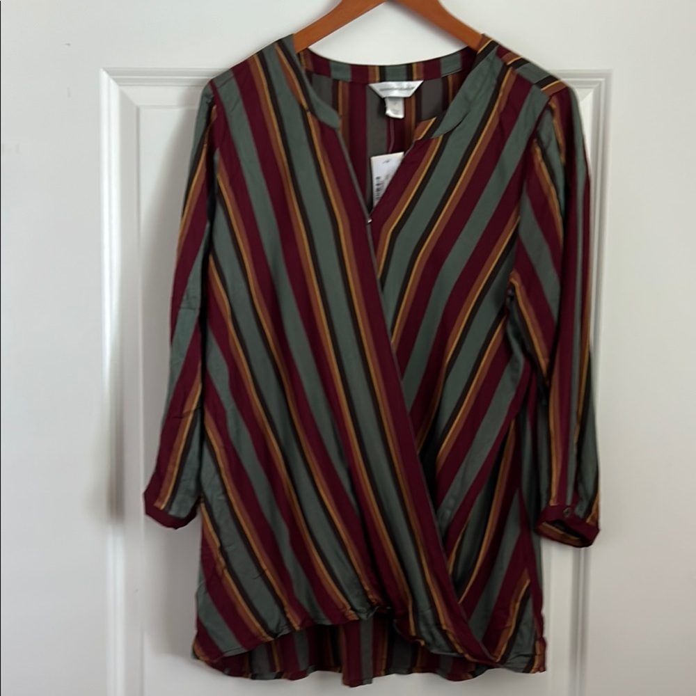 Christopher & Banks Burgundy and Green Wrap Blouse with Mandarin Collar